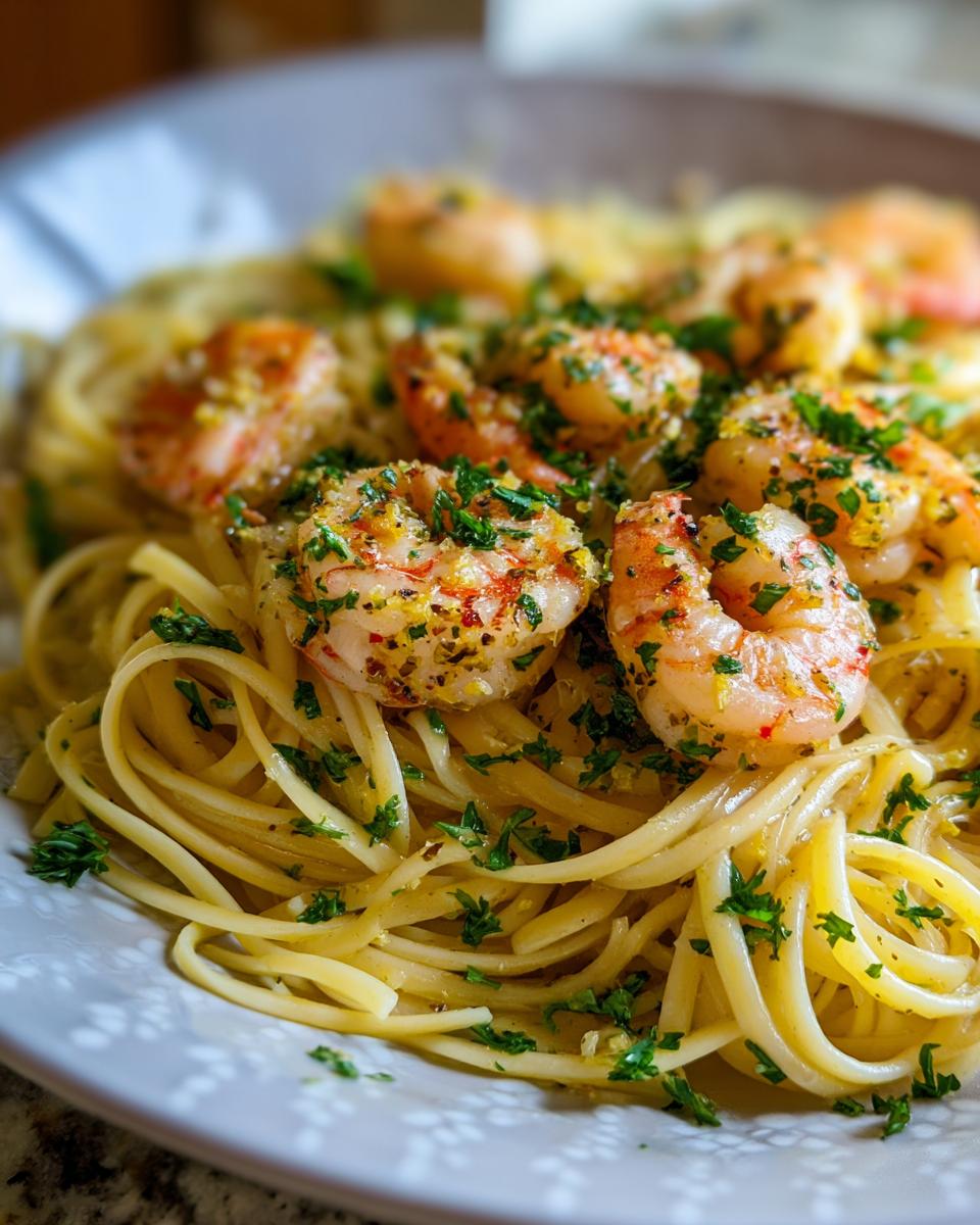 A close-up of bright shrimp scampi served over linguine pasta, garnished with fresh parsley and lemon zest.