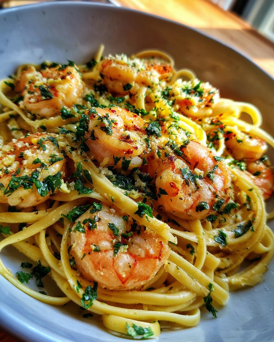 A close-up of a bowl of shrimp scampi, featuring plump shrimp tossed with linguine pasta and fresh parsley.