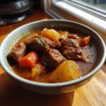 A close-up of a bowl filled with tender Slow Cooker Beef Stew, showcasing chunks of beef, potatoes, and carrots in a rich broth.