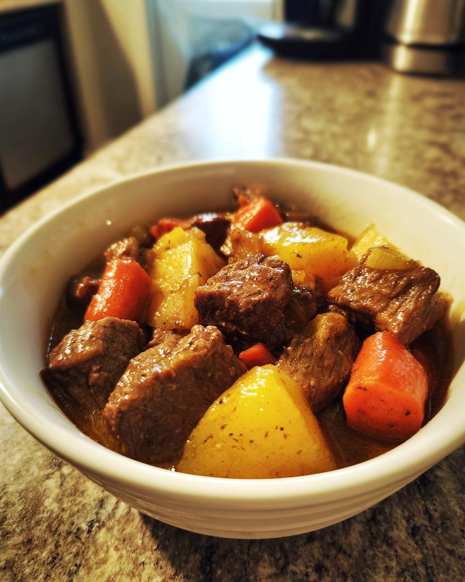 A close-up of a white bowl filled with tender chunks of Slow Cooker Beef Stew, featuring beef, potatoes, and carrots in a rich gravy.