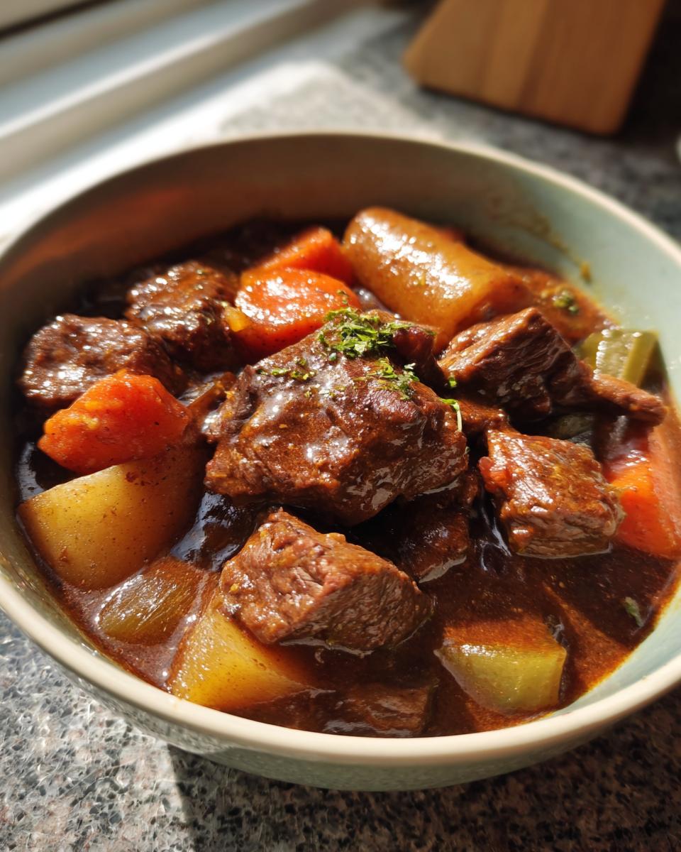 A close-up of a bowl filled with tender chunks of Slow Cooker Beef Stew, featuring potatoes, carrots, and a rich gravy.