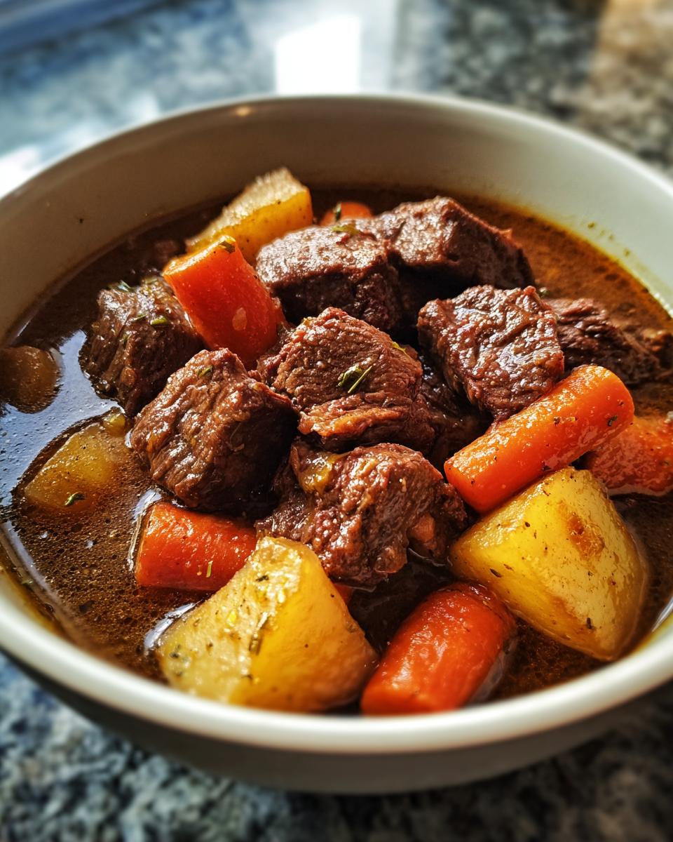 A close-up of a bowl filled with tender chunks of Slow Cooker Beef Stew, featuring beef, carrots, and potatoes in a rich broth.