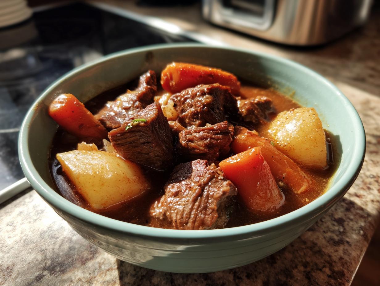 A close-up of a bowl filled with tender chunks of Slow Cooker Beef Stew, featuring potatoes and carrots in a rich gravy.