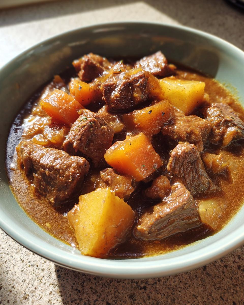 A close-up of a bowl filled with tender chunks of Slow Cooker Beef Stew and soft potato pieces in a rich gravy.