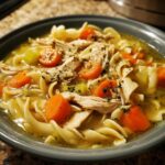 A close-up of a bowl of delicious Slow Cooker Chicken Noodle Soup, filled with tender chicken, noodles, carrots, and celery.