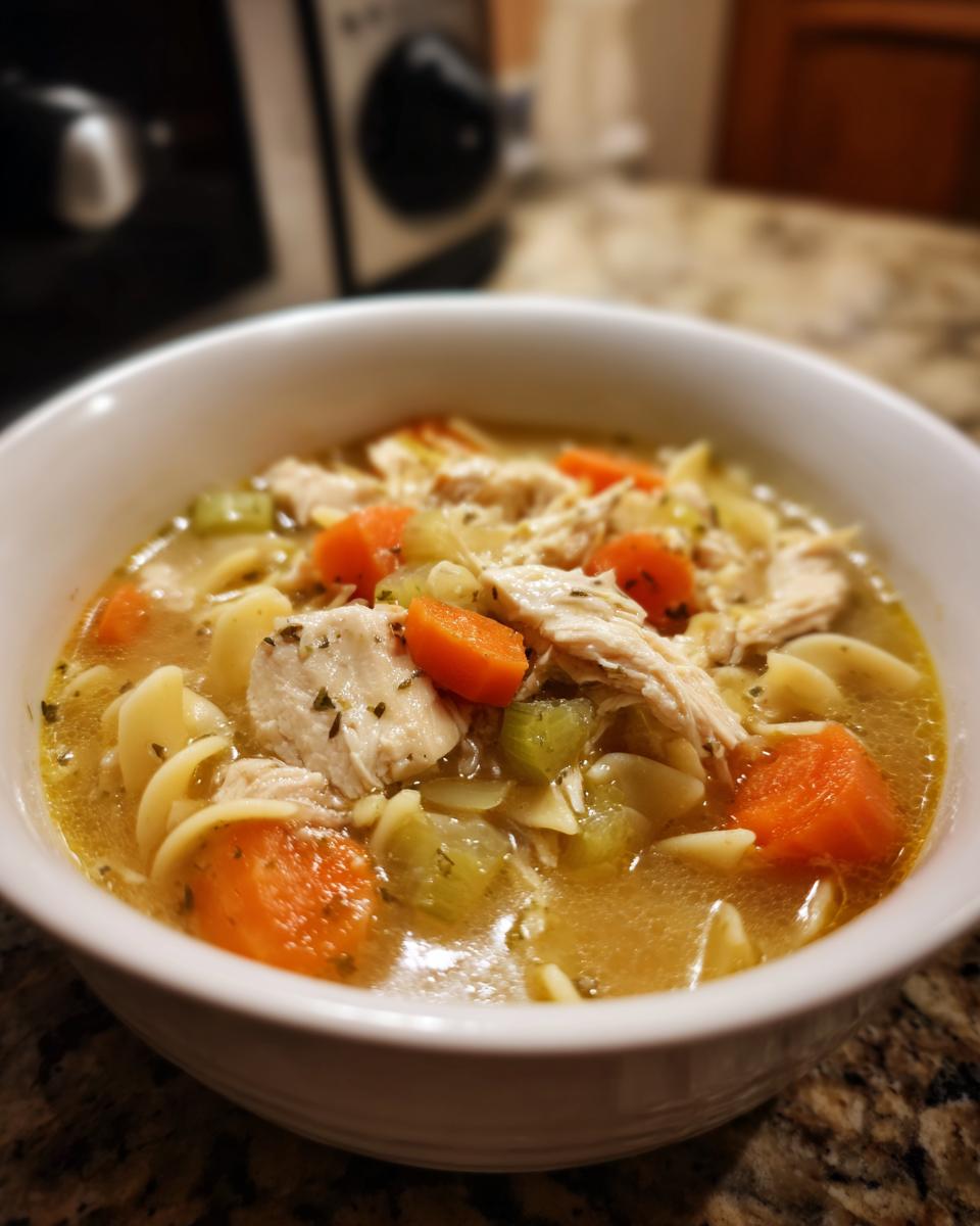 A close-up of a white bowl filled with delicious Slow Cooker Chicken Noodle Soup, featuring shredded chicken, noodles, carrots, and celery.