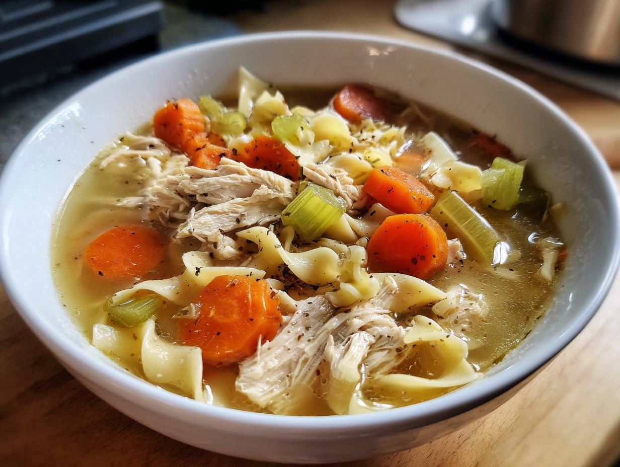 A close-up of a bowl of Slow Cooker Chicken Noodle Soup with shredded chicken, wide noodles, carrots, and celery.