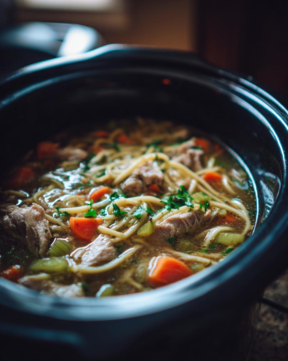 Close-up of hearty Slow Cooker Chicken Noodle Soup with noodles, chicken, carrots, and celery in a black crock pot.