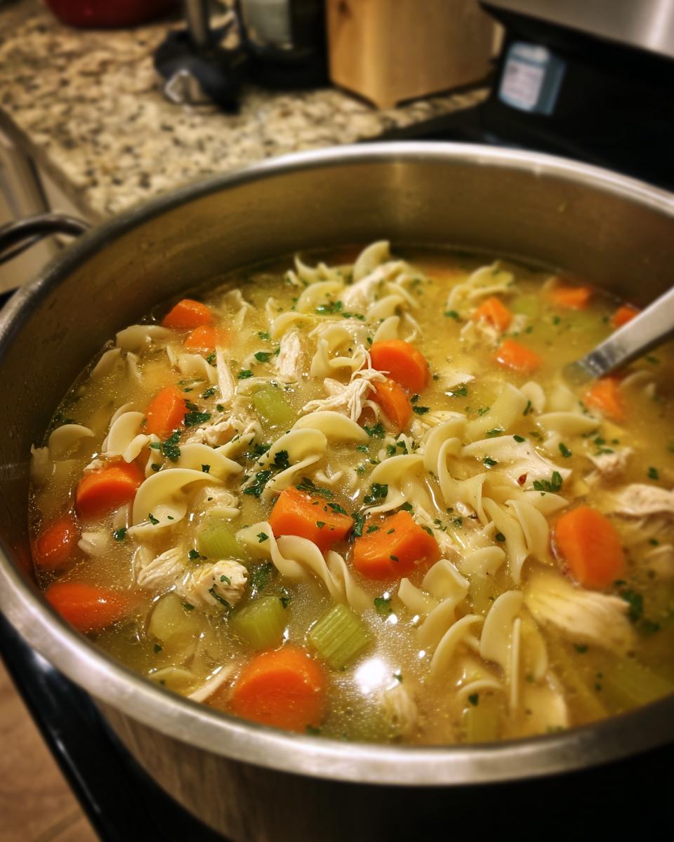A close-up view of a pot filled with delicious Slow Cooker Chicken Noodle Soup, featuring noodles, chicken, carrots, and celery.