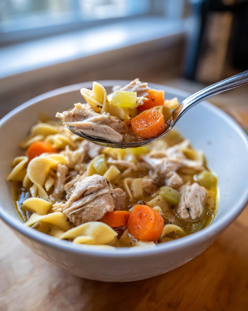 A spoonful of hearty Slow Cooker Chicken Noodle Soup with tender chicken, noodles, carrots, and celery.