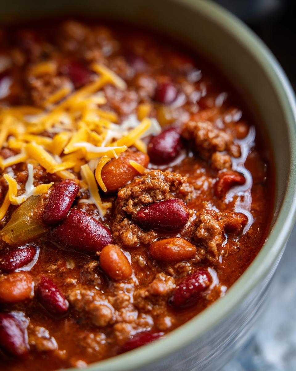 Close-up of a bowl of delicious slow cooker chili, featuring ground beef, kidney beans, and shredded cheddar cheese.