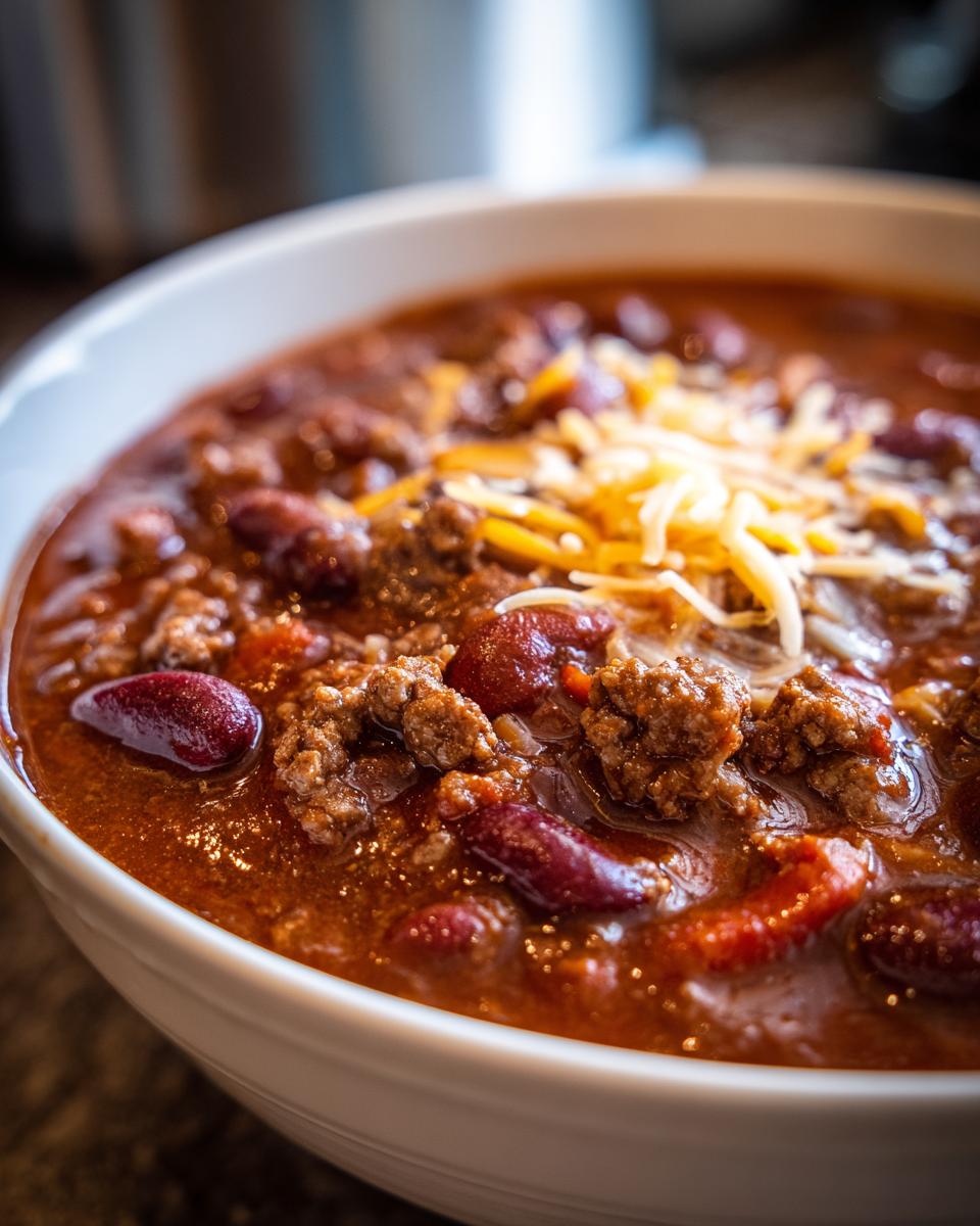 A close-up of a white bowl filled with delicious slow cooker chili, topped with shredded cheese.