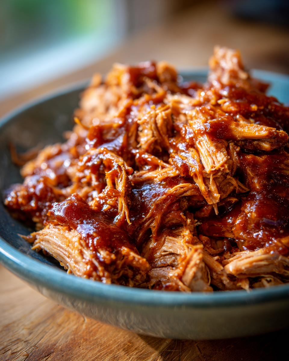 Close-up of tender, shredded slow cooker pulled pork generously coated in glossy BBQ sauce in a blue bowl.