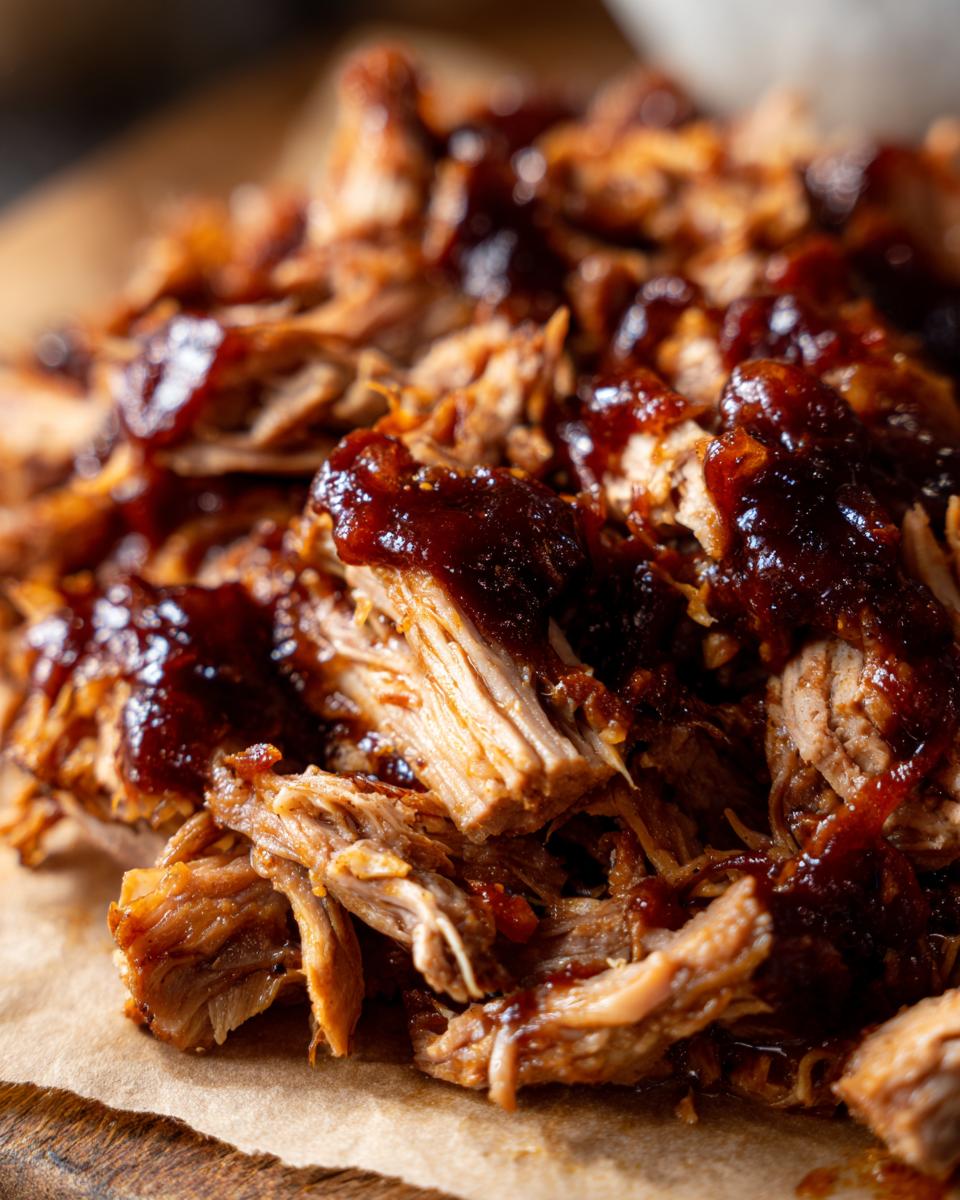Close-up of tender, shredded slow cooker pulled pork coated in a rich, dark barbecue sauce.