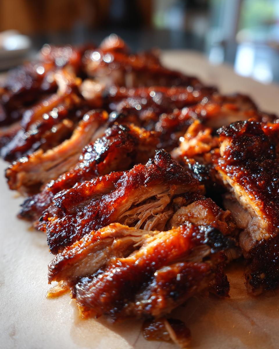 Close-up of tender, juicy slow cooker pulled pork coated in a glossy BBQ sauce.