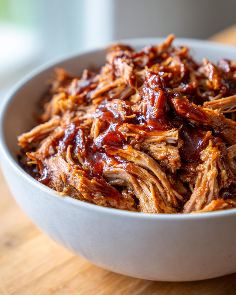 Close-up of tender slow cooker pulled pork coated in barbecue sauce in a white bowl.