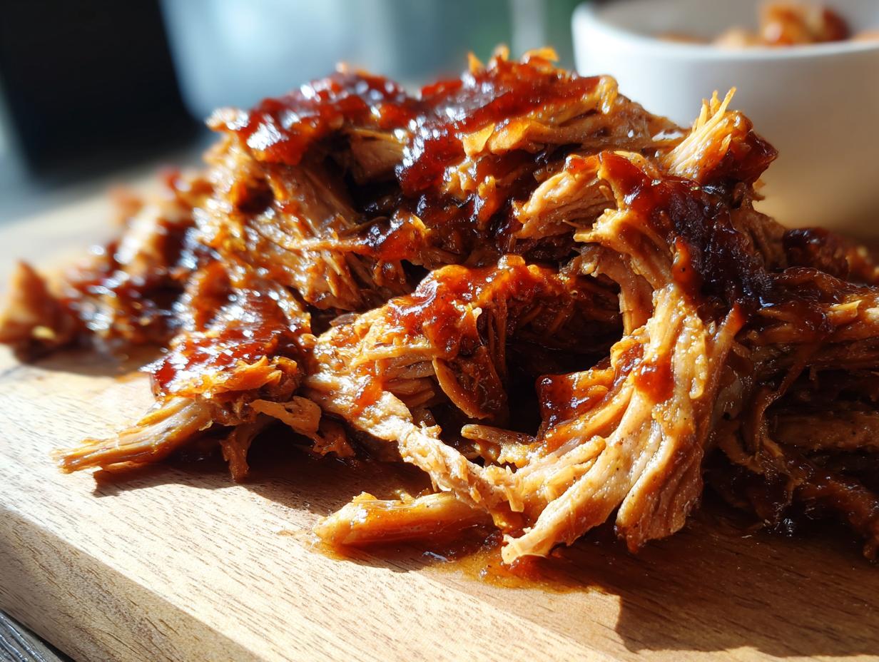 Close-up of tender, shredded slow cooker pulled pork coated in glossy BBQ sauce on a wooden board.