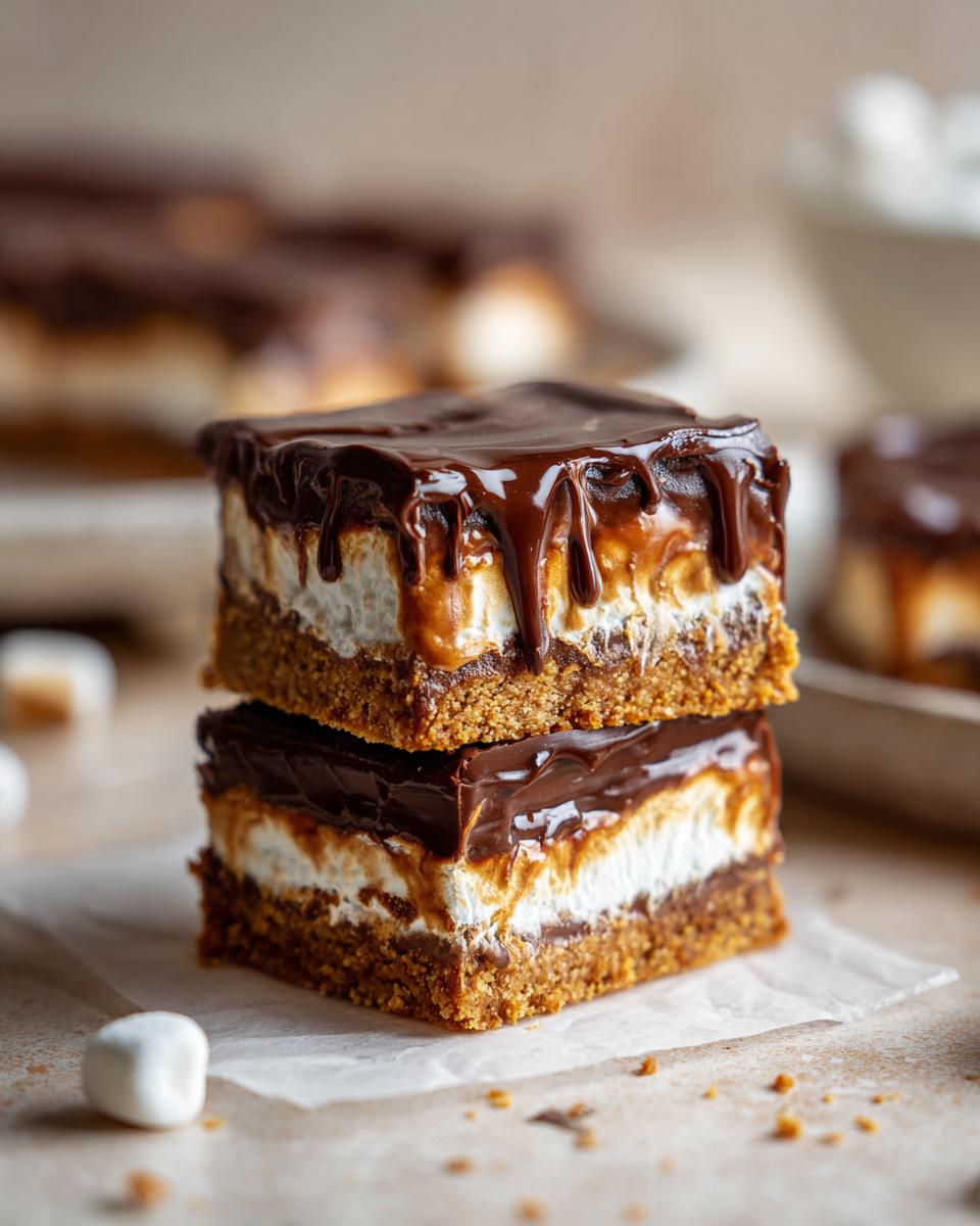 Two decadent S'mores Bars stacked on top of each other, featuring a graham cracker crust, gooey marshmallow, chocolate, and a rich chocolate drizzle.