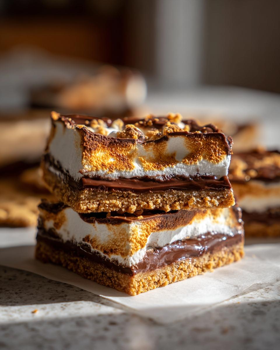 A close-up stack of two gooey S'mores Bars, featuring a graham cracker crust, melted chocolate, and toasted marshmallow.