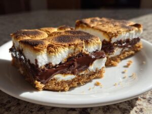 Two gooey S'mores Bars on a white plate, featuring a graham cracker crust, melted chocolate, and toasted marshmallows.
