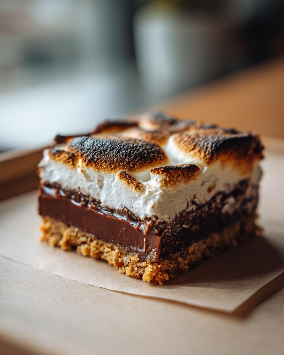 A close-up of a decadent S'mores Bar with a graham cracker crust, rich chocolate ganache, and perfectly toasted marshmallows.