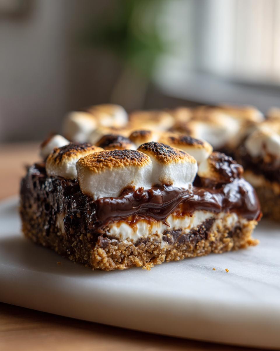 Close-up of a decadent S'mores Bar with a graham cracker crust, chocolate, and perfectly toasted marshmallows.