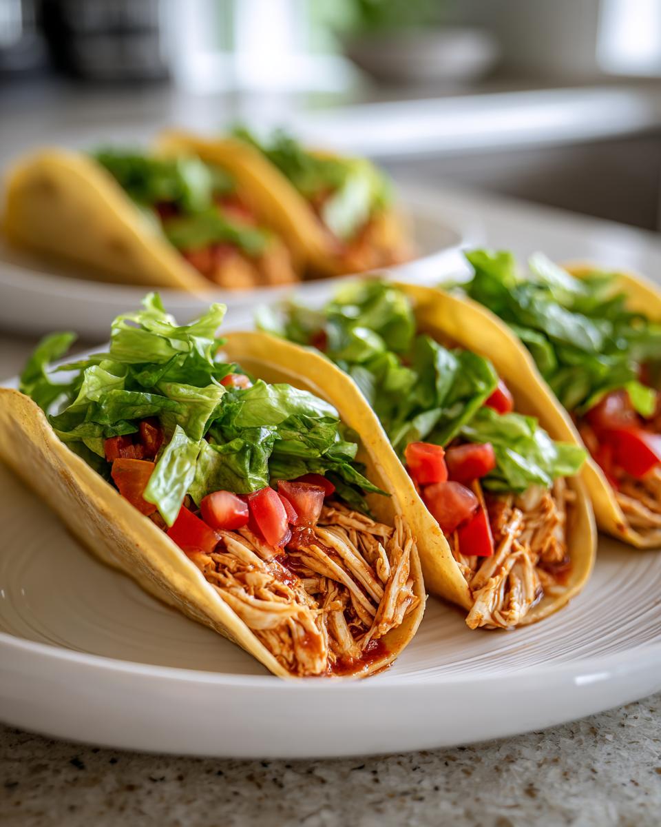 Close-up of three Soft Chicken Tacos filled with shredded chicken, lettuce, and diced tomatoes on a white plate.
