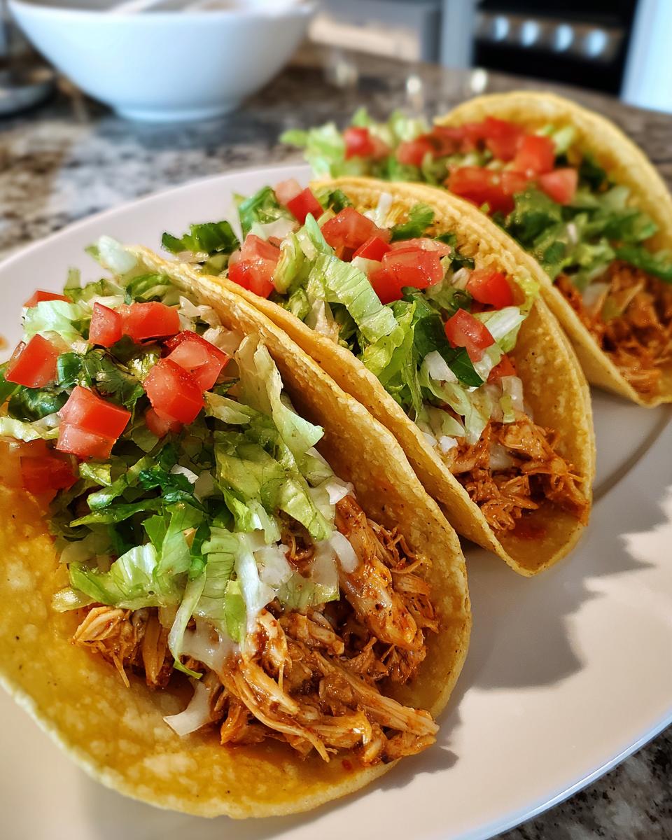 Close-up of three soft chicken tacos filled with shredded chicken, lettuce, tomatoes, and cheese.