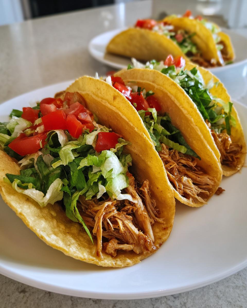 A close-up of three delicious soft chicken tacos filled with shredded chicken, lettuce, and diced tomatoes on a white plate.