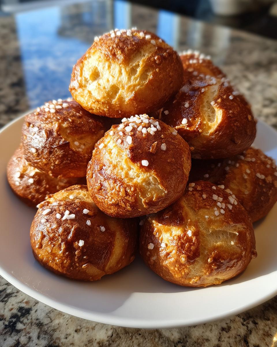 A pile of golden-brown Soft Pretzel Bites sprinkled with coarse salt on a white plate.