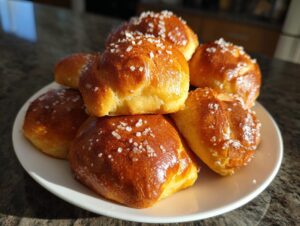 A pile of golden brown soft pretzel bites sprinkled with coarse salt on a white plate.