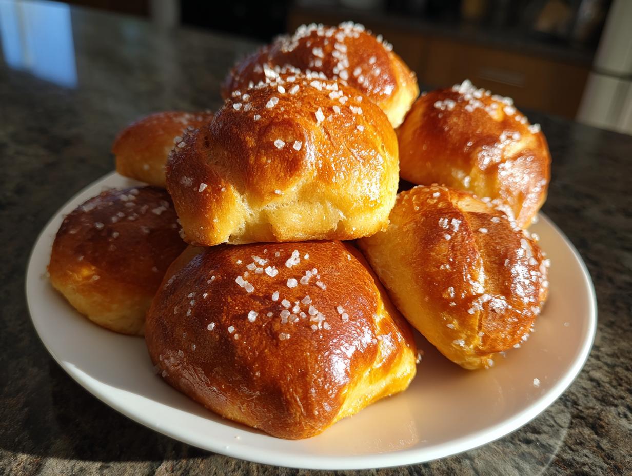 A pile of golden brown soft pretzel bites sprinkled with coarse salt on a white plate.