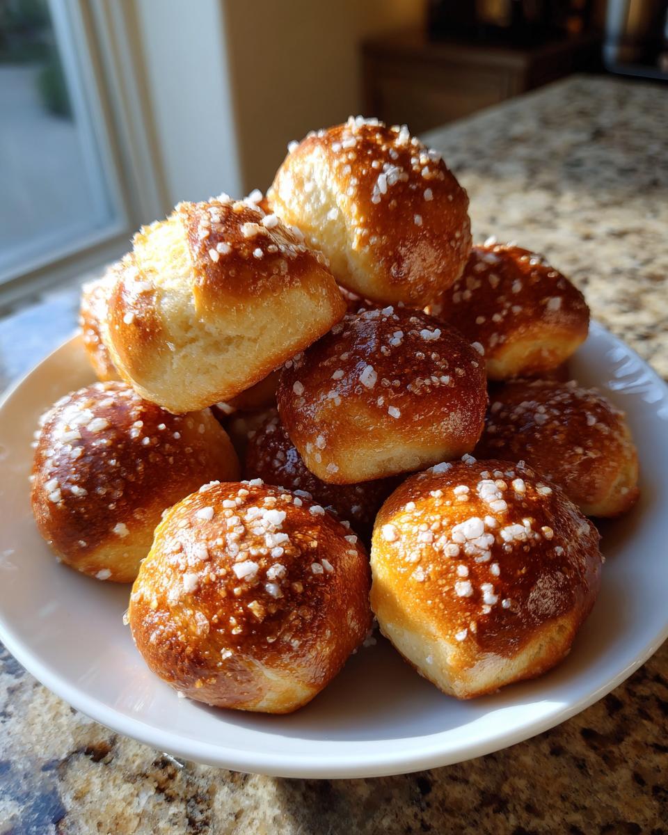 A pile of freshly baked Soft Pretzel Bites sprinkled with coarse salt, golden brown and ready to eat.