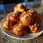 A pile of golden-brown Soft Pretzel Bites sprinkled with coarse sea salt on a white plate.