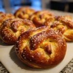 Close-up of golden-brown, freshly baked soft pretzels topped with coarse salt.
