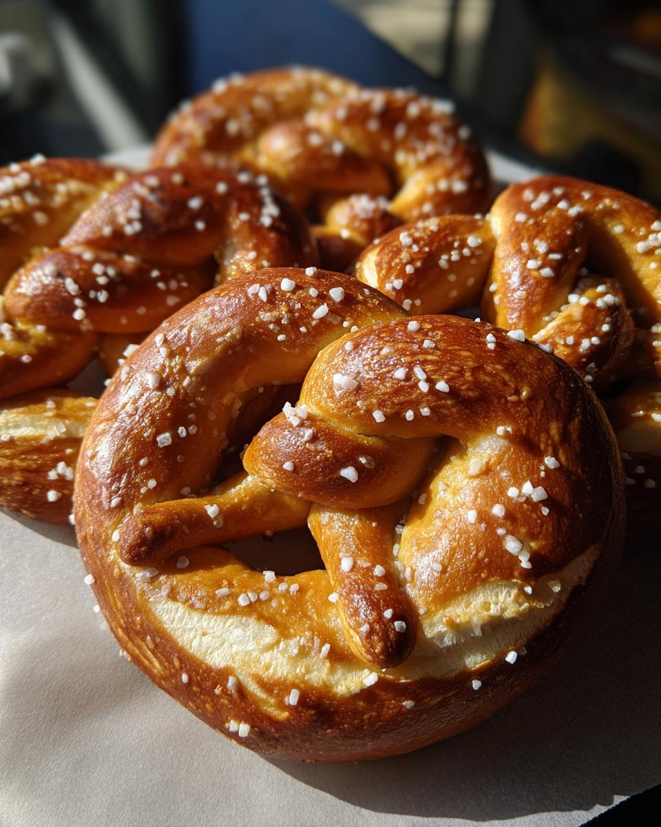 A close-up of several golden-brown soft pretzels sprinkled with coarse salt, ready to be enjoyed.