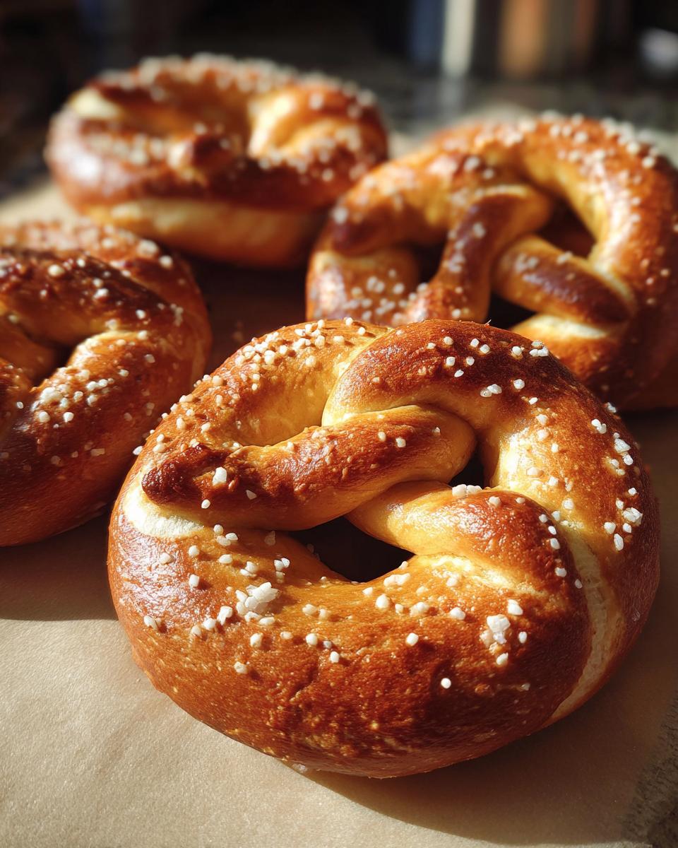 A close-up of four golden-brown soft pretzels sprinkled with coarse salt, arranged on a parchment paper.