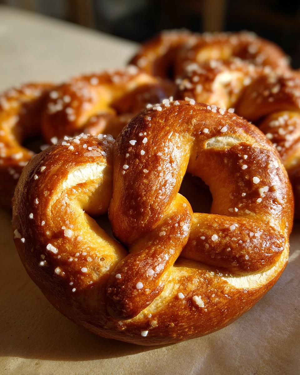 Close-up of a golden-brown soft pretzel sprinkled with coarse salt, with more pretzels blurred in the background.