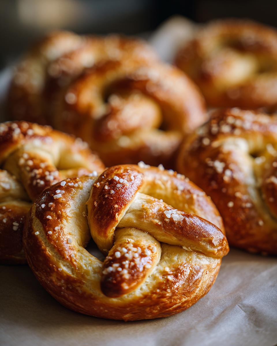 Close-up of freshly baked soft pretzels sprinkled with coarse salt, ready to be enjoyed.