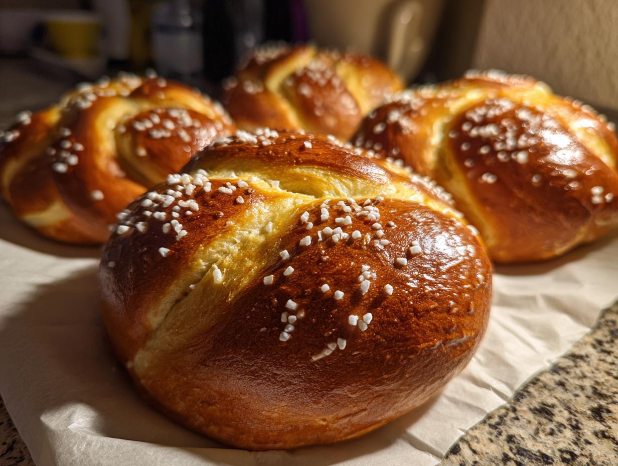 Close-up of freshly baked soft pretzels topped with coarse salt, showcasing their golden-brown crust.