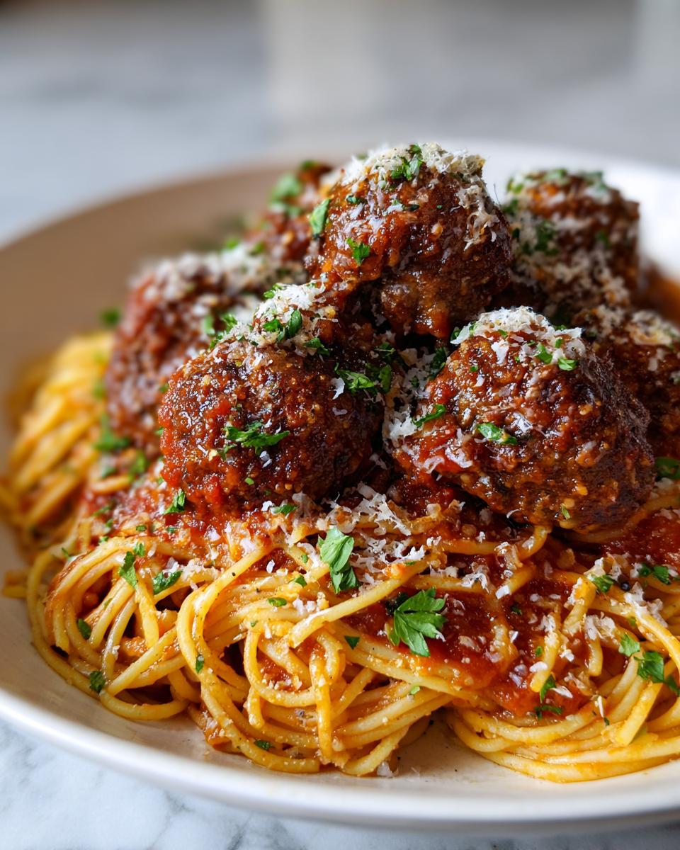 A generous serving of spaghetti and meatballs in rich tomato sauce, topped with grated Parmesan and fresh parsley.