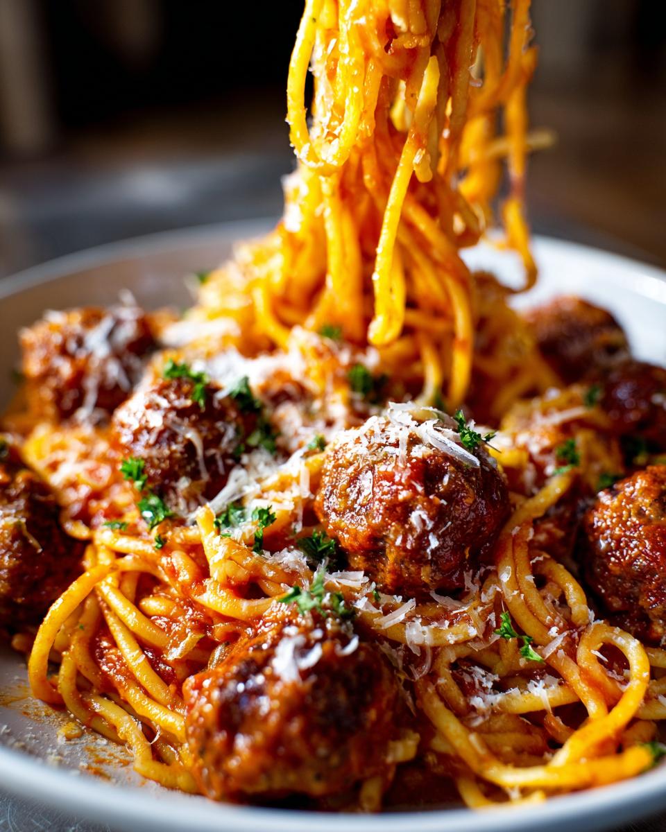 A close-up shot of spaghetti and meatballs, with a fork lifting a portion of pasta and meatballs from a white bowl.
