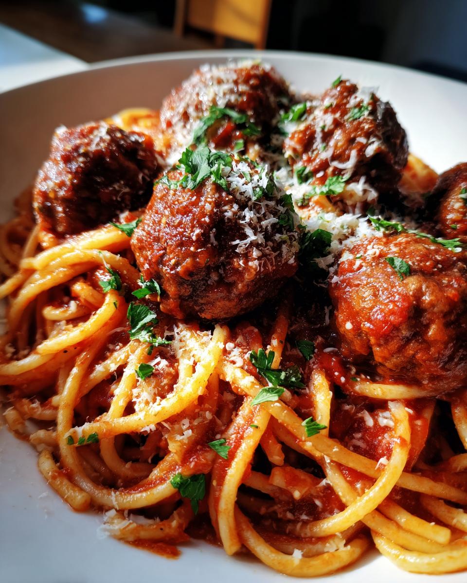 Close-up of a bowl of spaghetti and meatballs, topped with grated Parmesan cheese and fresh parsley.