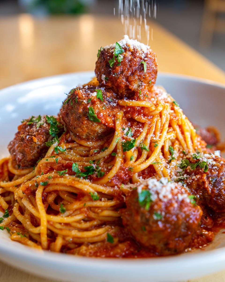 Close-up of a generous serving of spaghetti and meatballs, topped with grated Parmesan and fresh parsley.