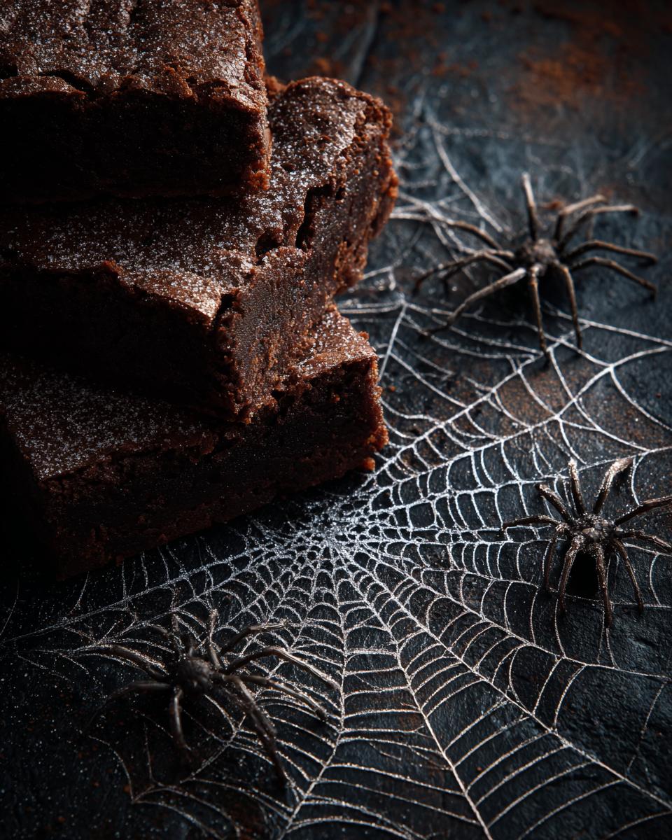 A stack of fudgy Spiderweb Brownies decorated with a silver spiderweb and plastic spiders for Halloween.