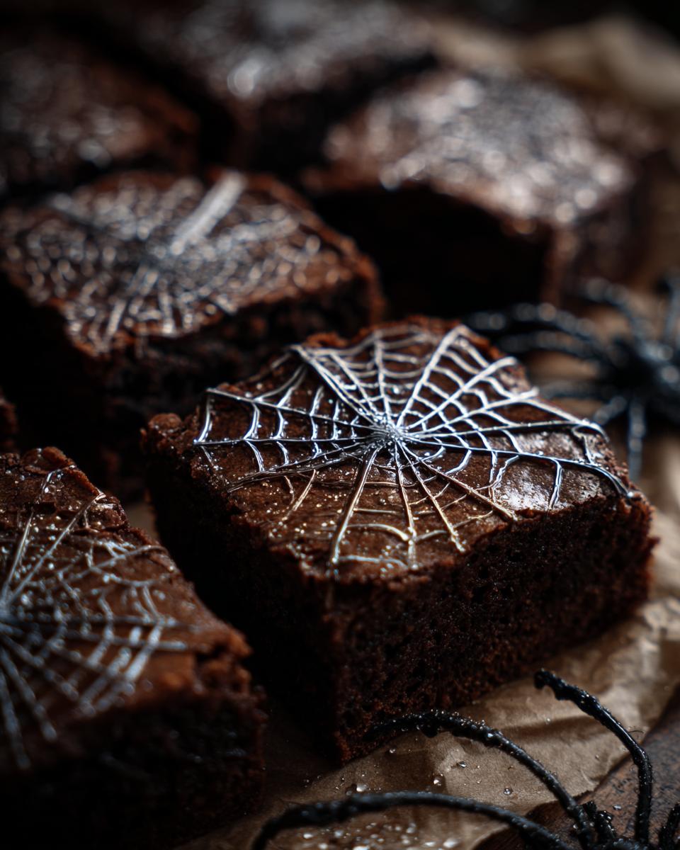 Close-up of fudgy Spiderweb Brownies decorated with white icing spiderwebs, perfect for Halloween.