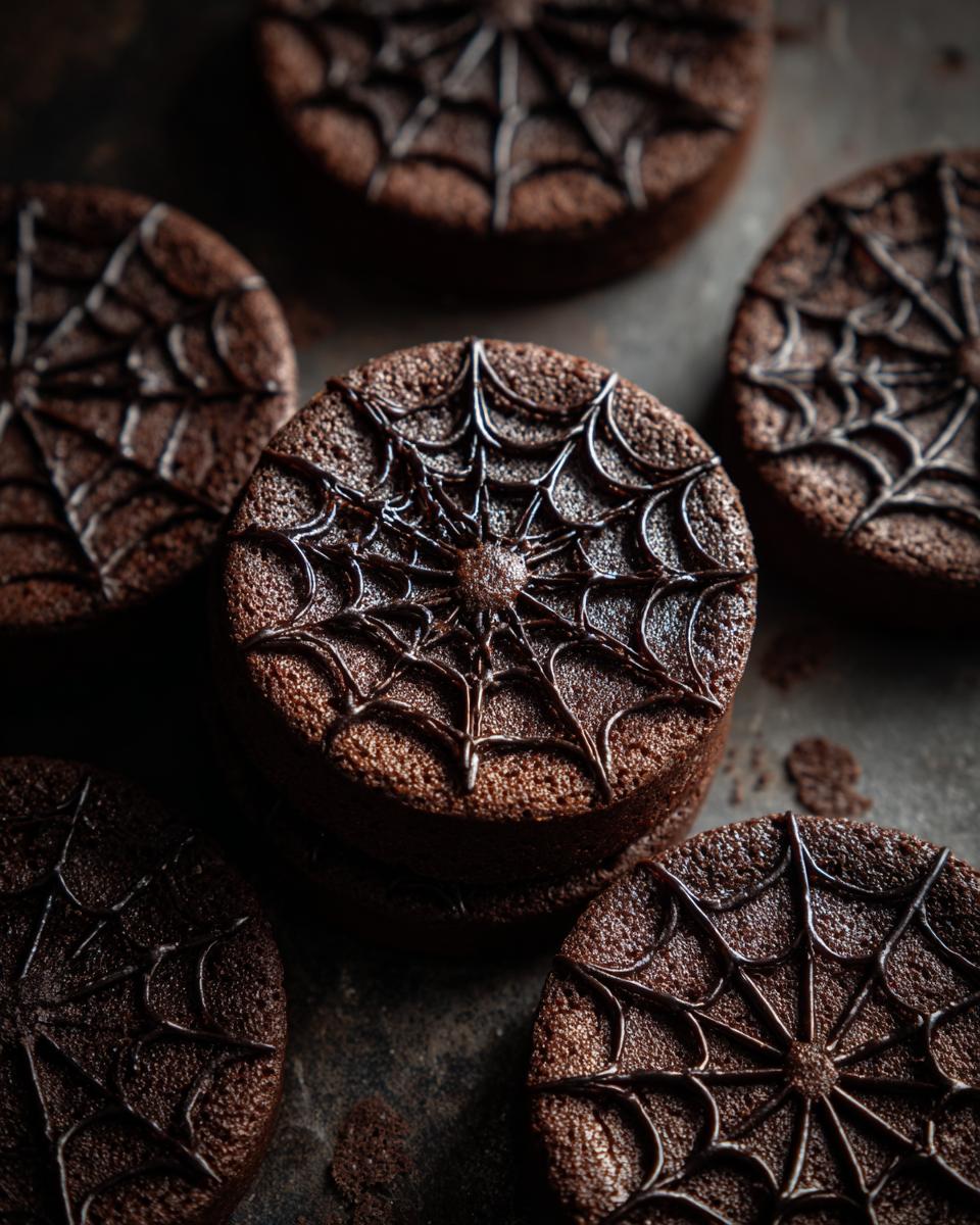 Close-up of fudgy Spiderweb Brownies decorated with chocolate spiderweb patterns, perfect for Halloween.
