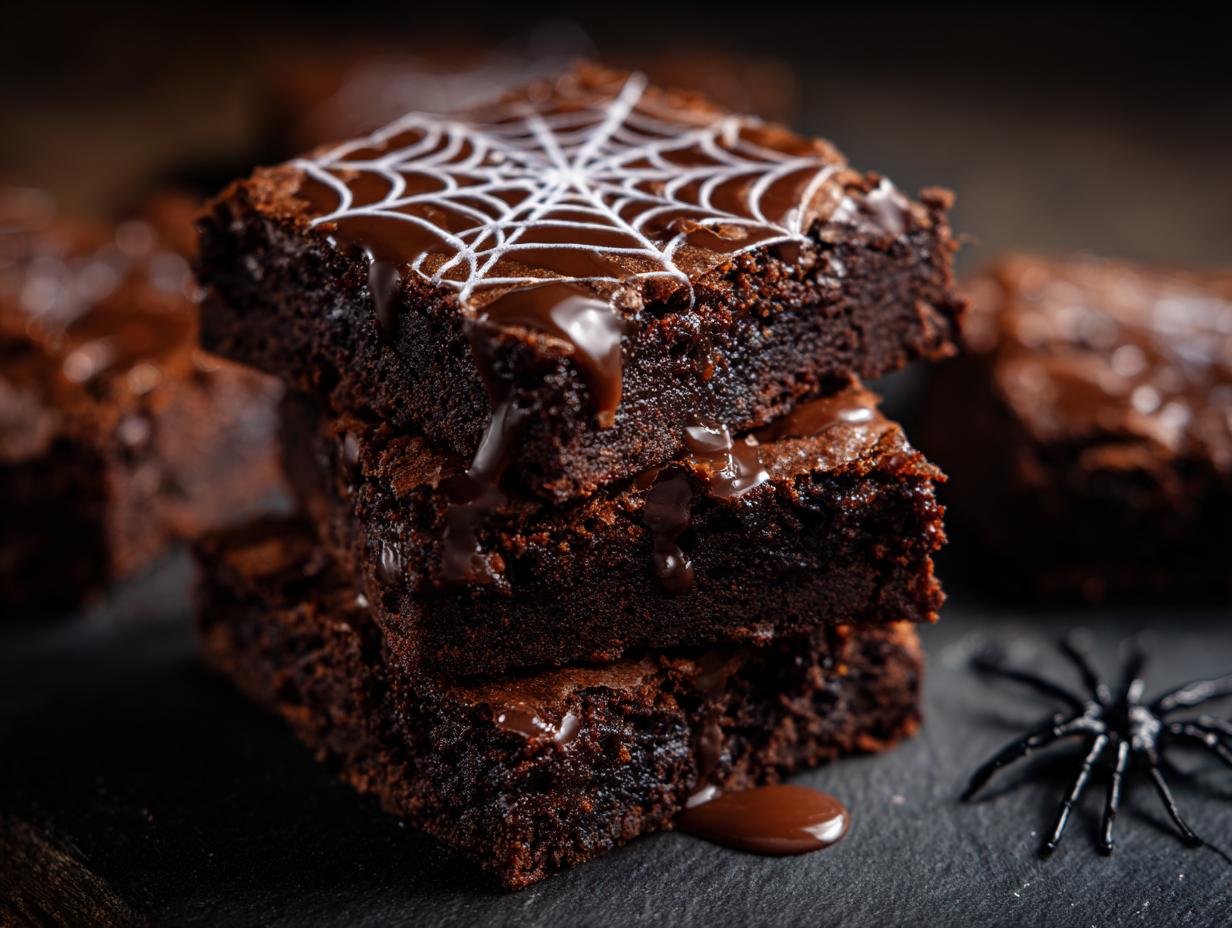 A stack of fudgy spiderweb brownies, drizzled with chocolate sauce and decorated with white icing spiderwebs.