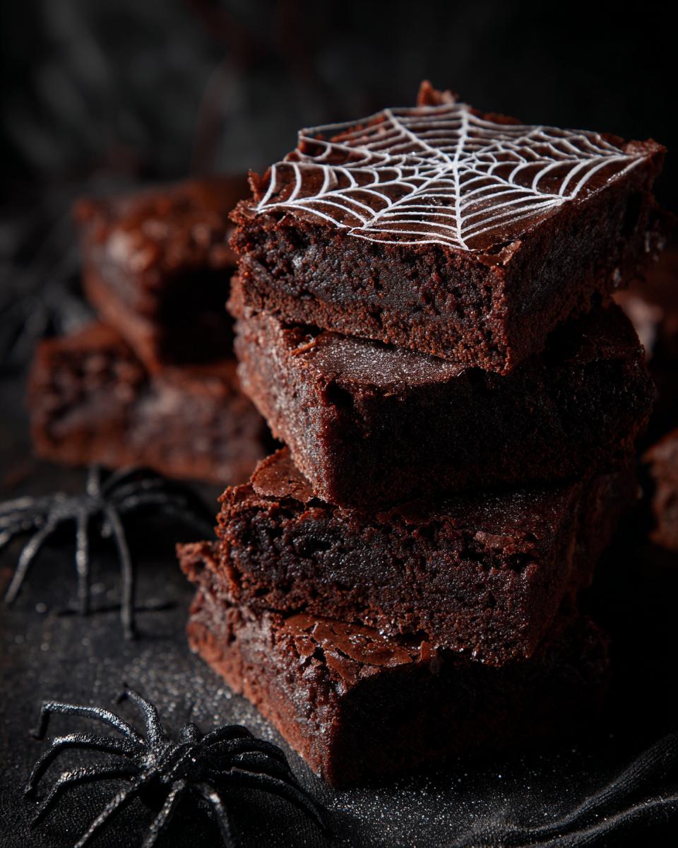 A stack of fudgy Spiderweb Brownies, with the top brownie decorated with a white chocolate spiderweb.