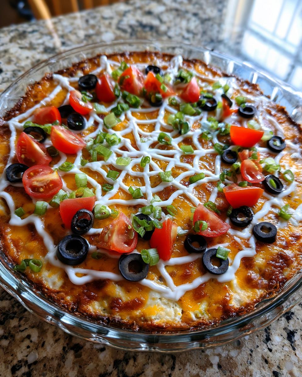 A festive Spiderweb Taco Dip in a glass pie dish, topped with sour cream spiderwebs, cherry tomatoes, black olives, and green onions.
